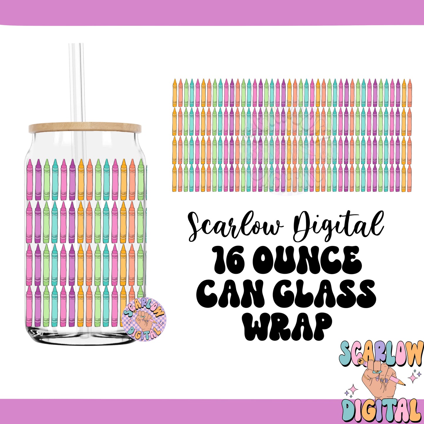 Back to School 16 Ounce Can Glass Wrap PNG Digital Design Download, crayons can glass wrap, rainbow glass wrap, teacher can glass wraps png