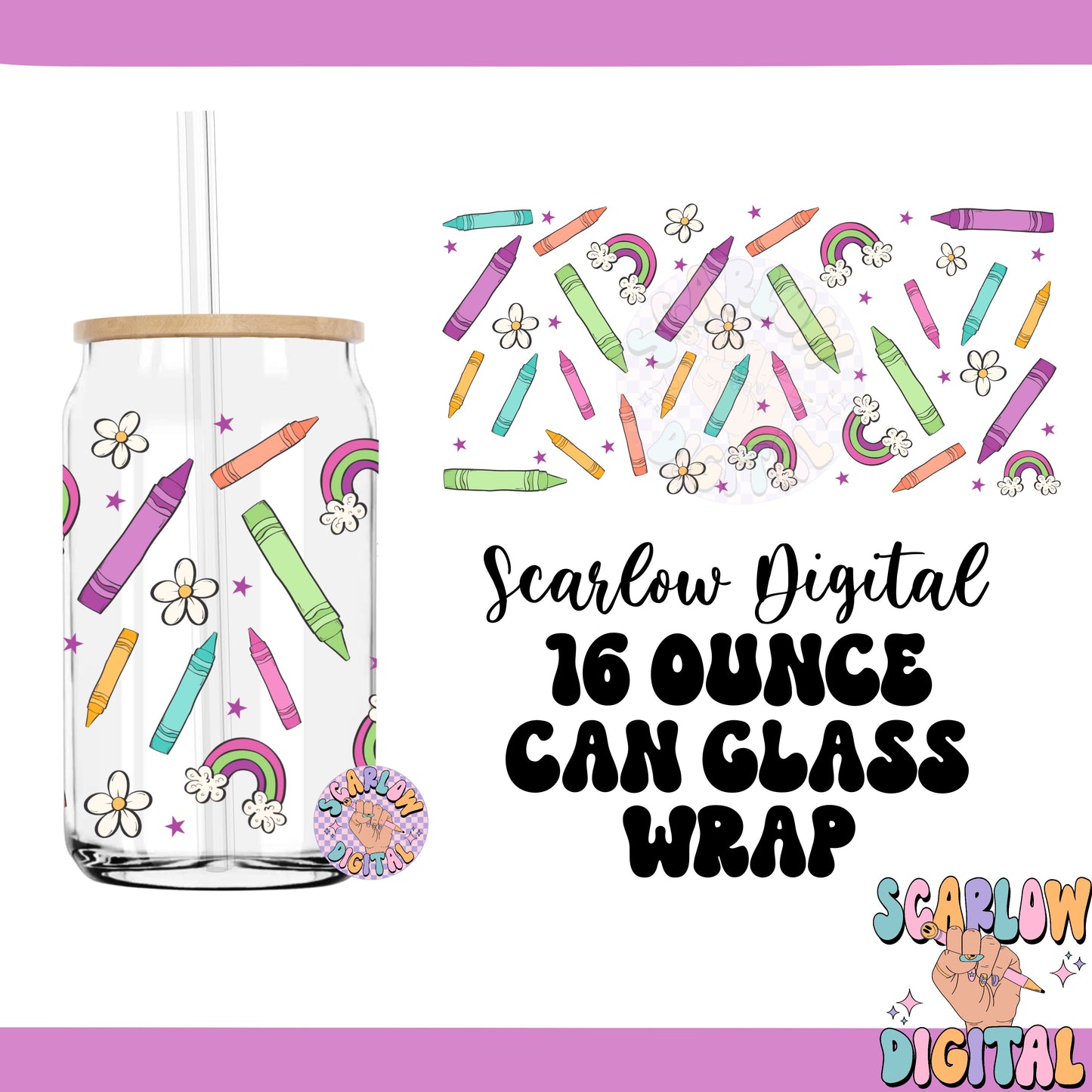 Back to School 16 Ounce Can Glass Wrap PNG Digital Design Download, crayons can glass wrap, rainbow glass wrap, teacher can glass wraps png