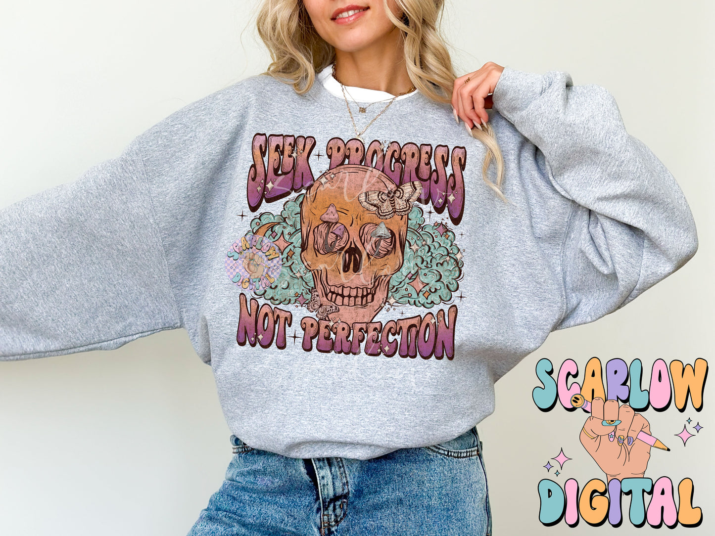 Seek Progress Not Perfection PNG Digital Design Download, skull png, skeleton png, celestial png, self care png, butterfly png, mushroom png