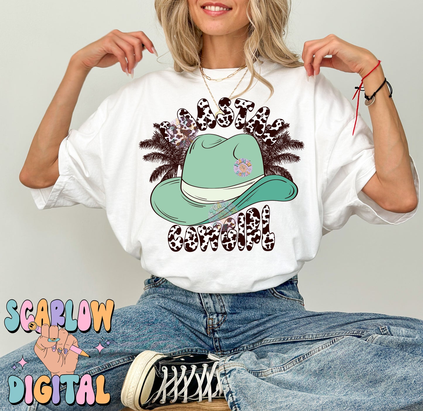 Coastal Cowgirl PNG Digital Design Download, cowgirl hat png, palm trees png, summer tshirt png, beachy png prints, trendy digital prints