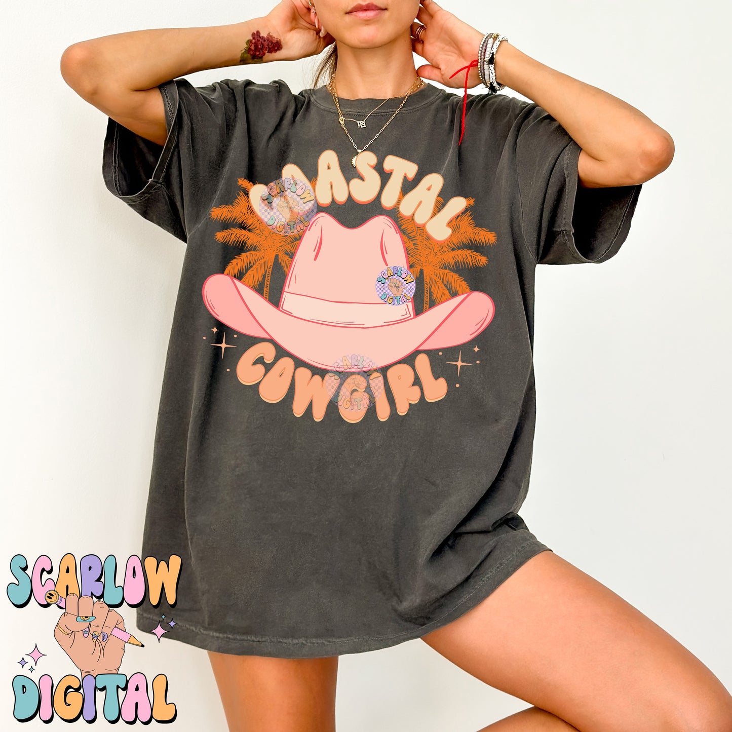 Coastal Cowgirl PNG Digital Design Download, cowgirl hat png, palm trees png, summer tshirt png, beachy png prints, trendy digital prints