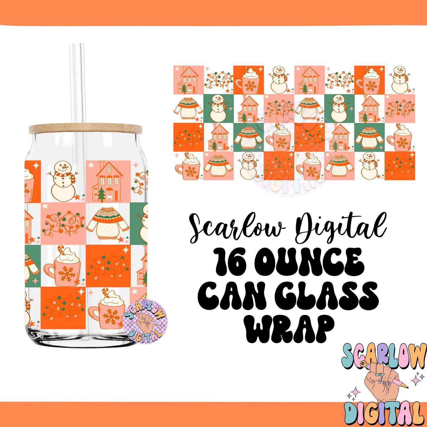 Christmas Checkers Can Glass Wrap PNG Digital Design