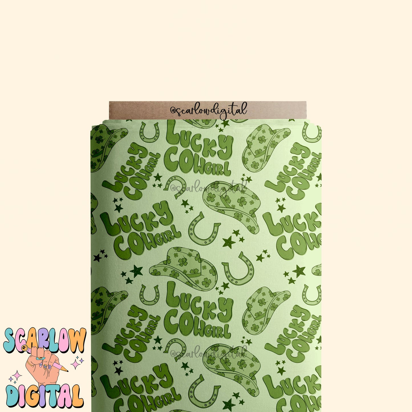 Lucky Cowgirl Seamless Pattern-St Patrick's Day Digital Design Download-shamrock seamless pattern, horseshoe seamless file, western seamless