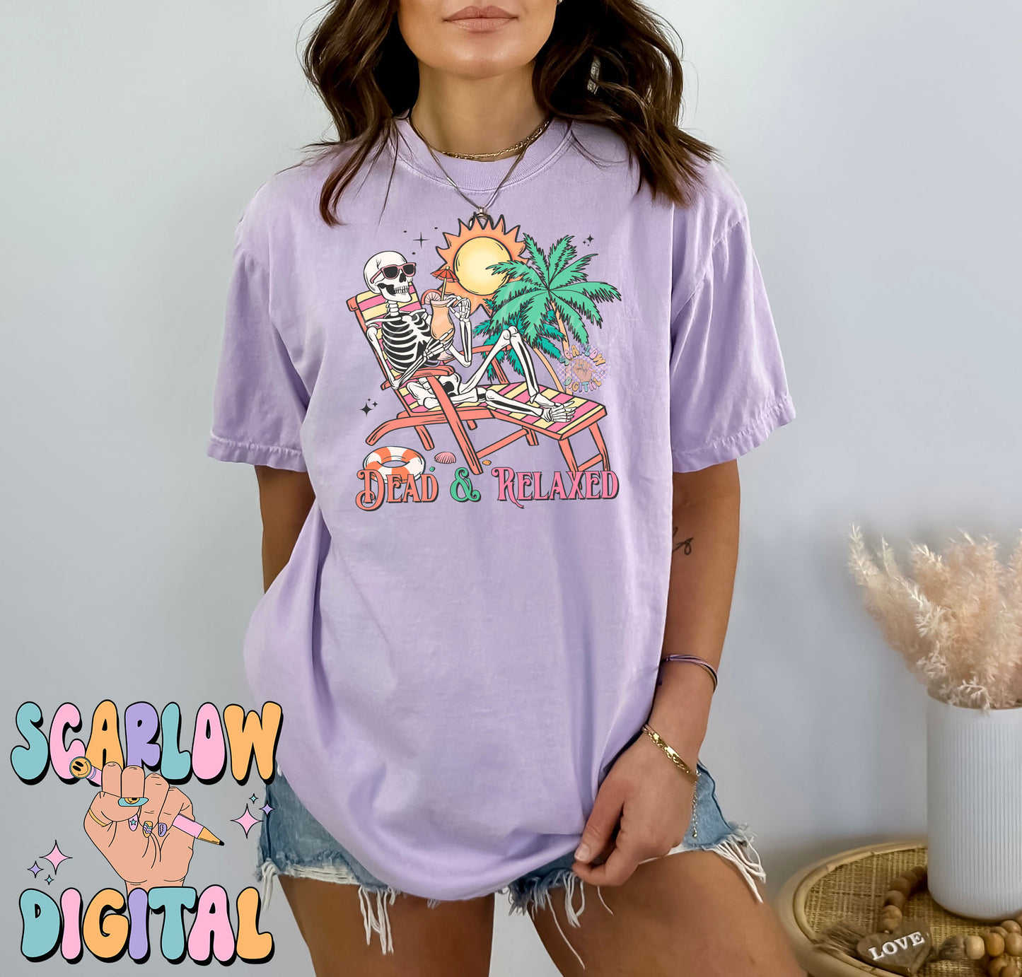 Dead and Relaxed PNG Digital Design Download, skeleton png, funny png designs, halloween png, spooky summer png, beach png, palm trees png