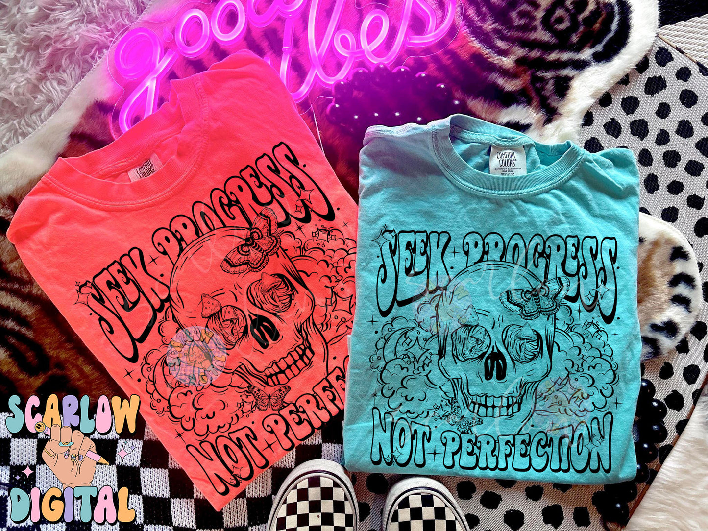 Seek Progress Not Perfection PNG Digital Design Download, skull png, skeleton png, celestial png, self care png, butterfly png, mushroom png