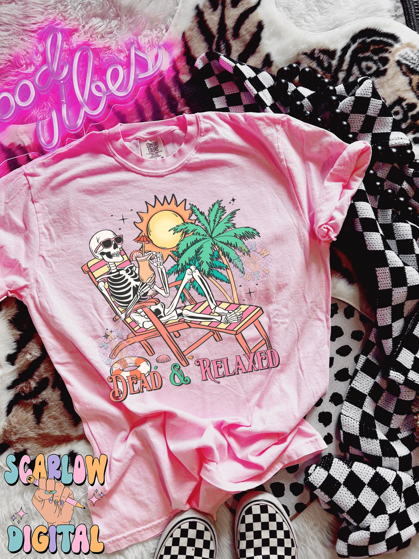 Dead and Relaxed PNG Digital Design Download, skeleton png, funny png designs, halloween png, spooky summer png, beach png, palm trees png