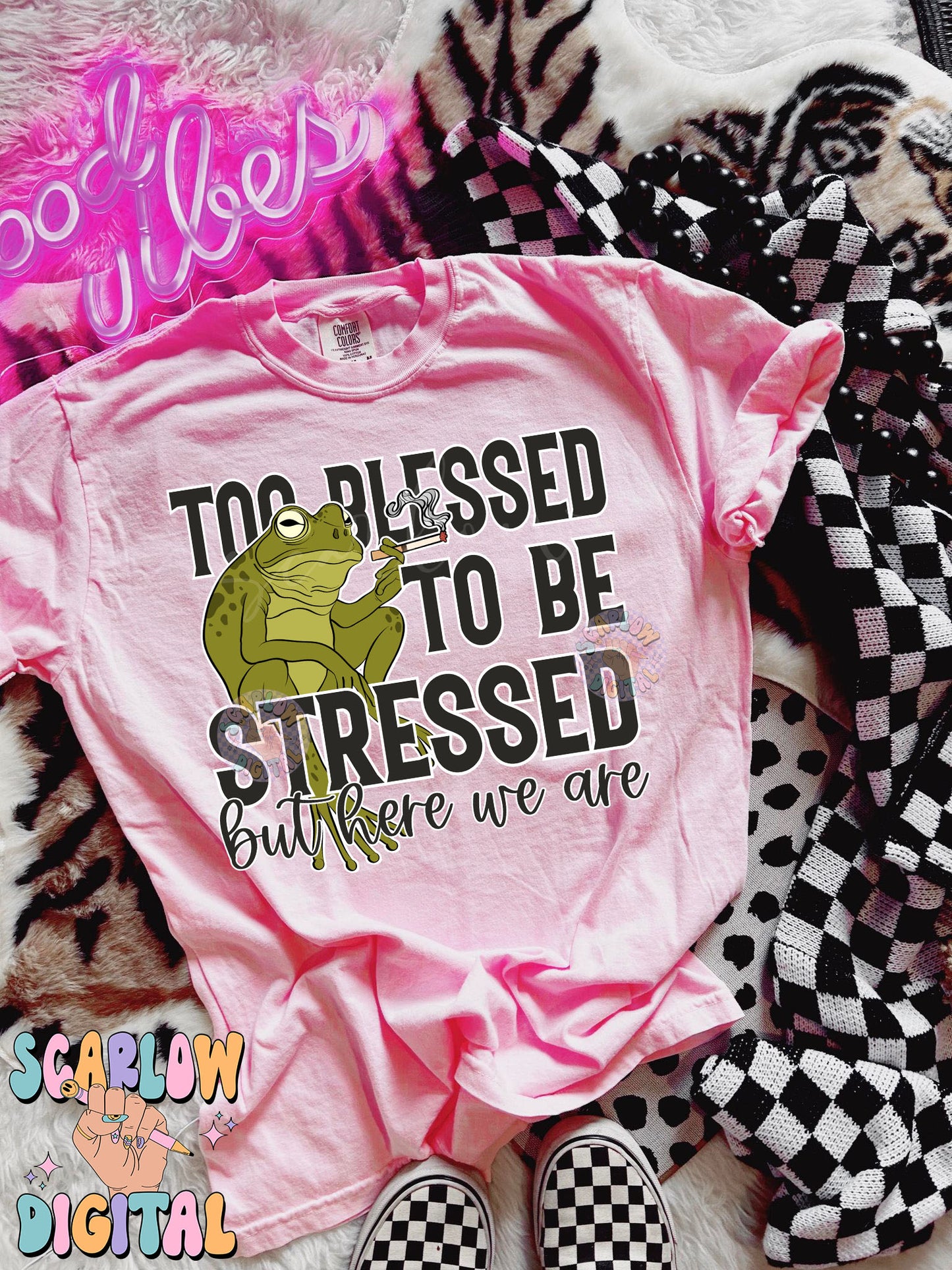 Too Blessed To Be Stressed But Here We Are PNG Digital Design Download, frog png, smoking png, adult humor png, snarky png, sarcastic png