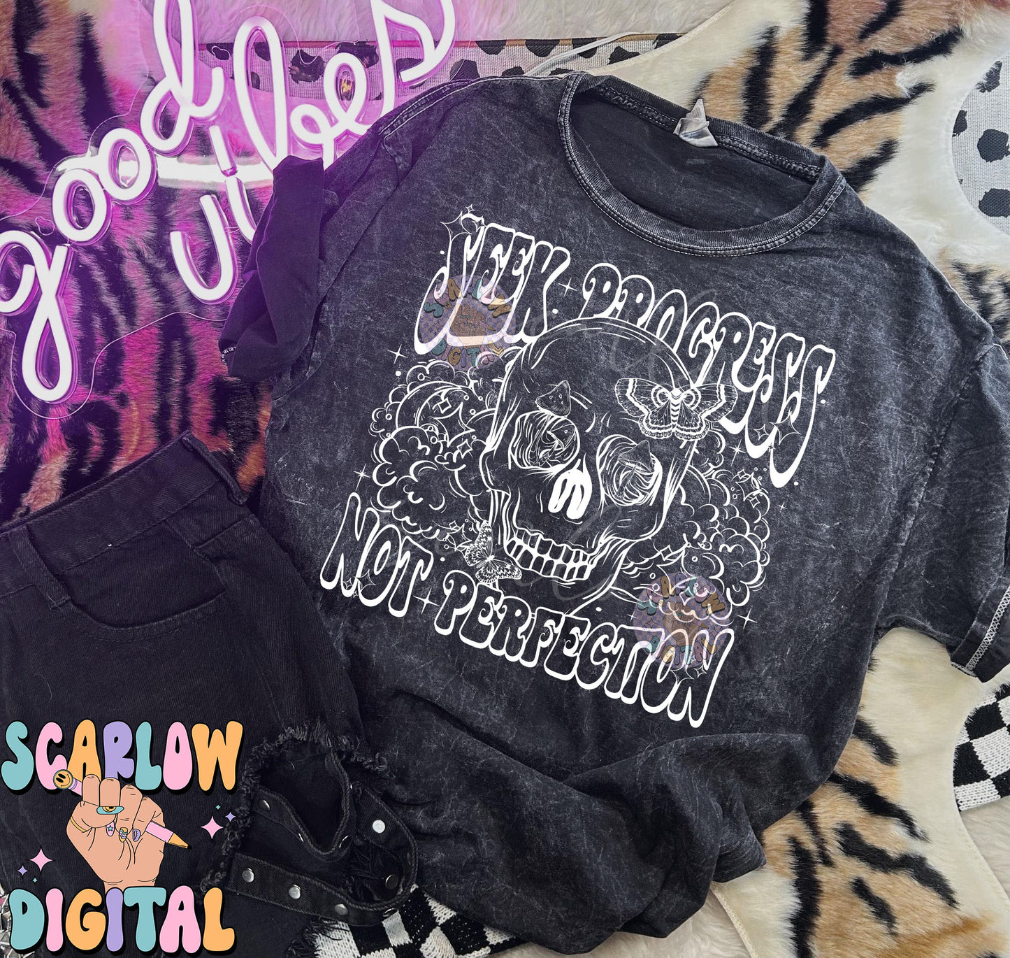 Seek Progress Not Perfection PNG Digital Design Download, skull png, skeleton png, celestial png, self care png, butterfly png, mushroom png