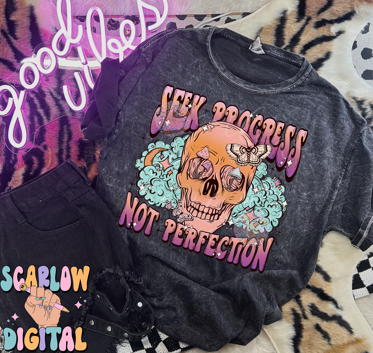 Seek Progress Not Perfection PNG Digital Design Download, skull png, skeleton png, celestial png, self care png, butterfly png, mushroom png