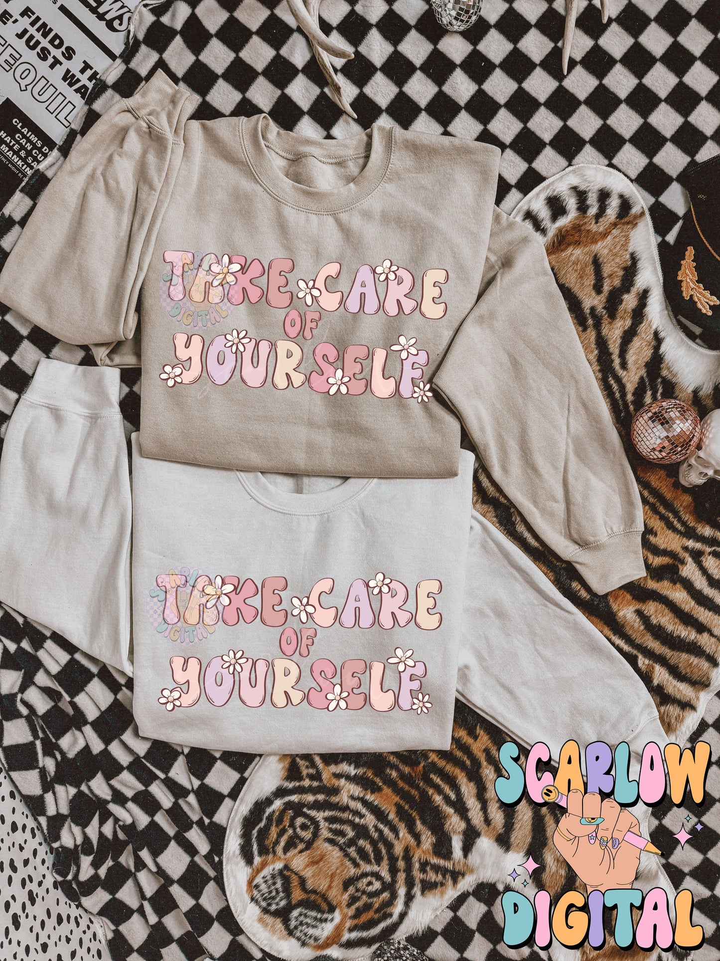 Take Care of Yourself PNG Digital Design Download, self love png, self care png, flowers png, floral png, png for women, trendy png designs