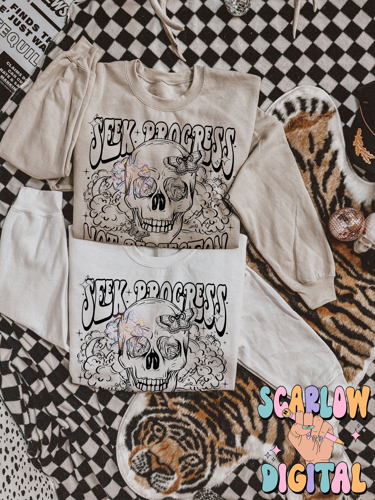 Seek Progress Not Perfection PNG Digital Design Download, skull png, skeleton png, celestial png, self care png, butterfly png, mushroom png