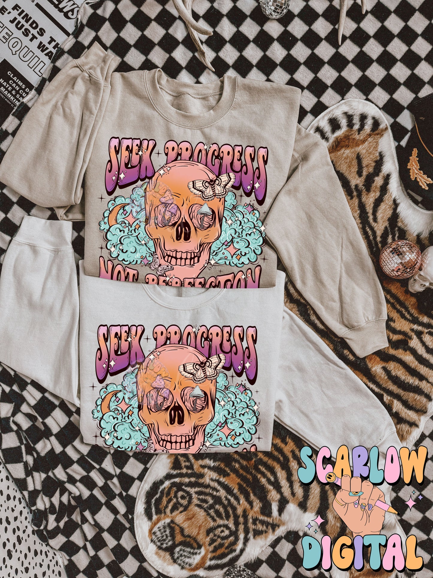 Seek Progress Not Perfection PNG Digital Design Download, skull png, skeleton png, celestial png, self care png, butterfly png, mushroom png