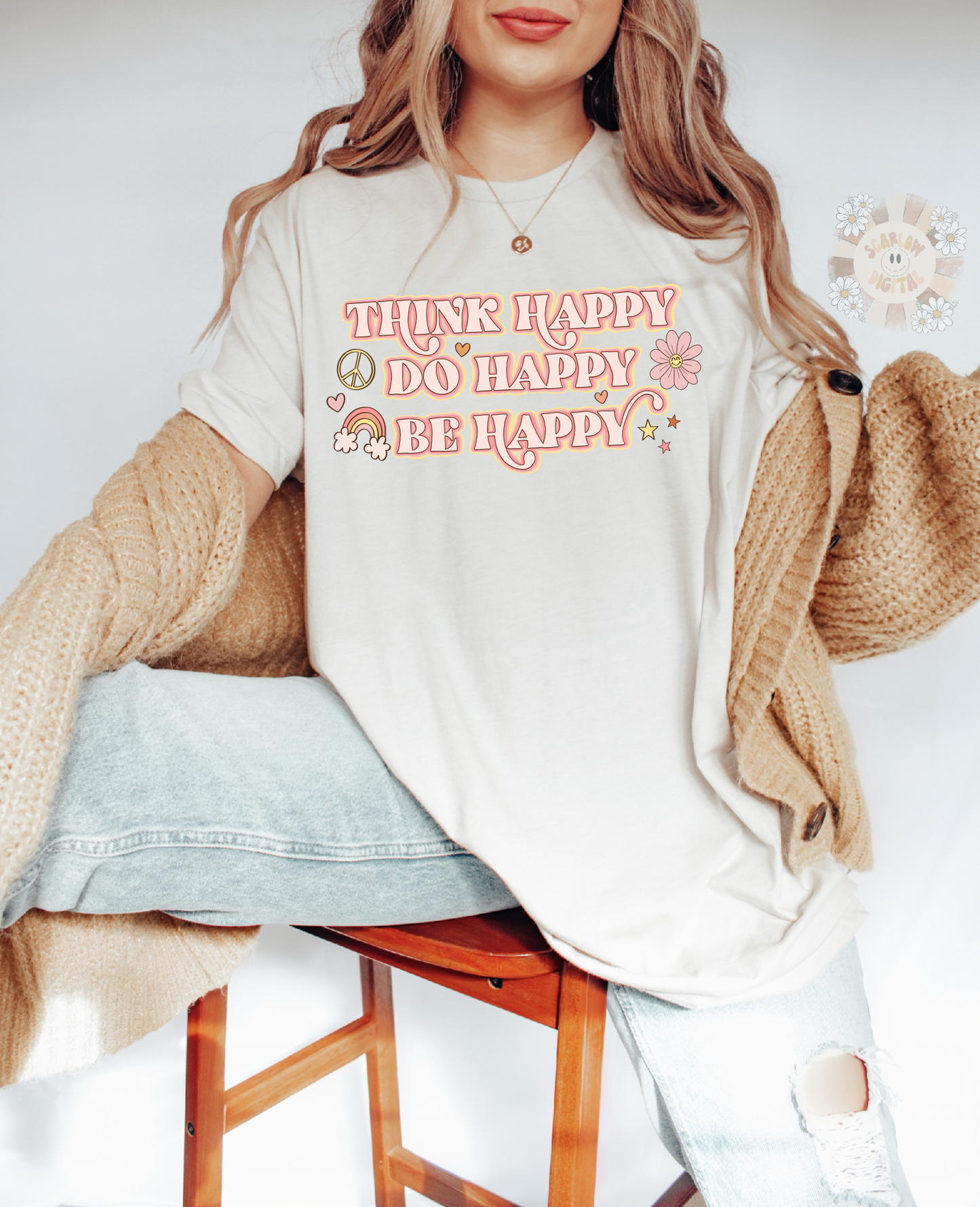 Think Happy Do Happy Be Happy PNG-Good Vibes Sublimation Digital Design Download-happiness png, trendy png, rainbow png, inspirational png
