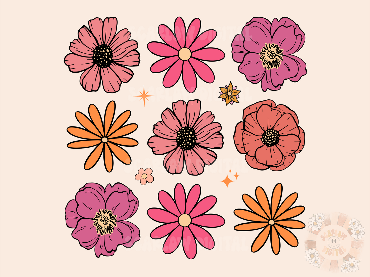 Flowers PNG-Spring Sublimation Digital Design Download-floral png, daisy png, girly png, stars png, summertime png, boho png, retro png