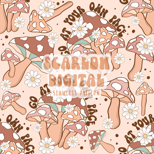 Go At Your Own Pace Seamless Pattern-Mushroom Sublimation Digital Design Download-summer seamless file, boho sublimation, retro seamless