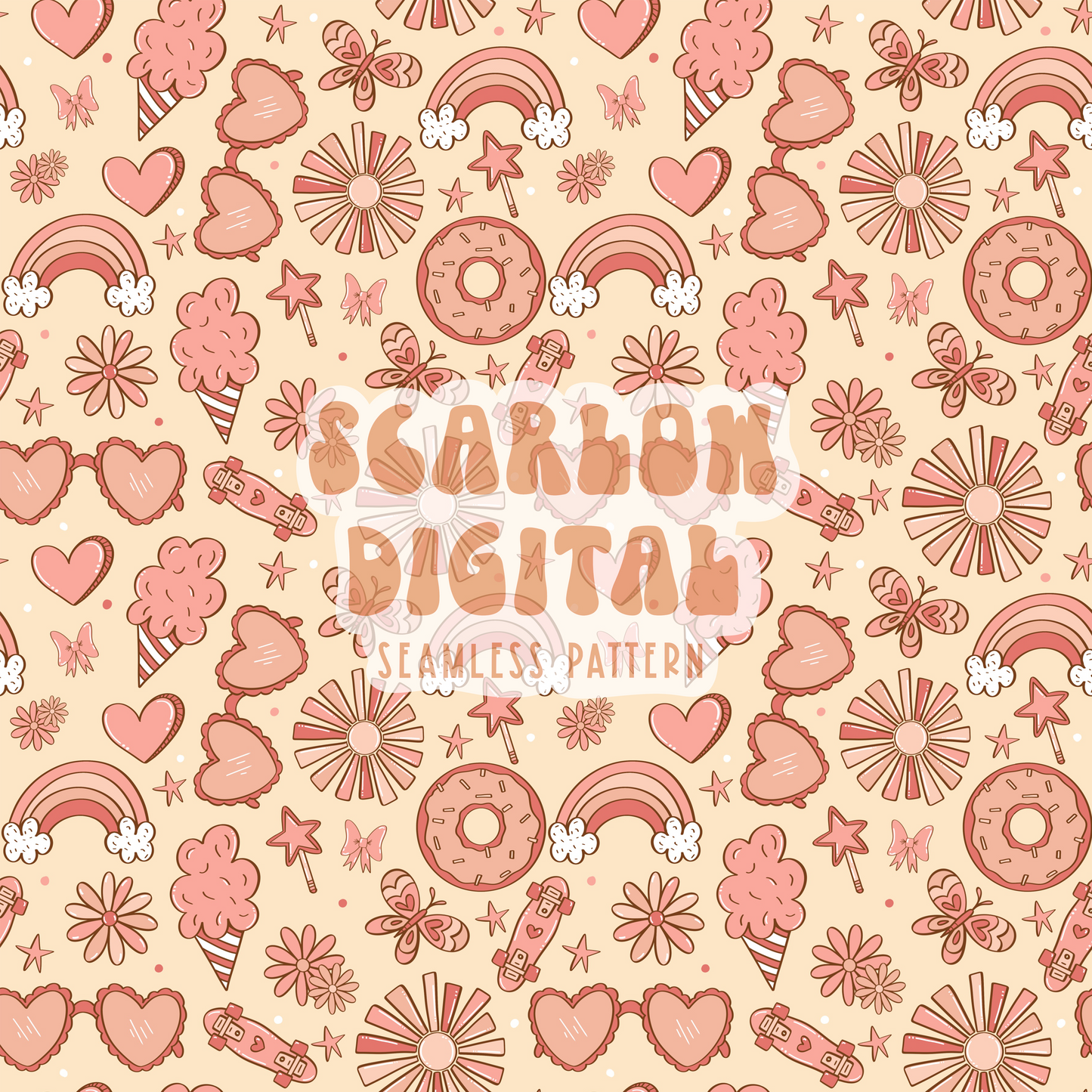 Doodles Seamless Pattern Sublimation Digital Design Download-sunglasses seamless, donut seamless, cotton candy seamless, flowers seamless
