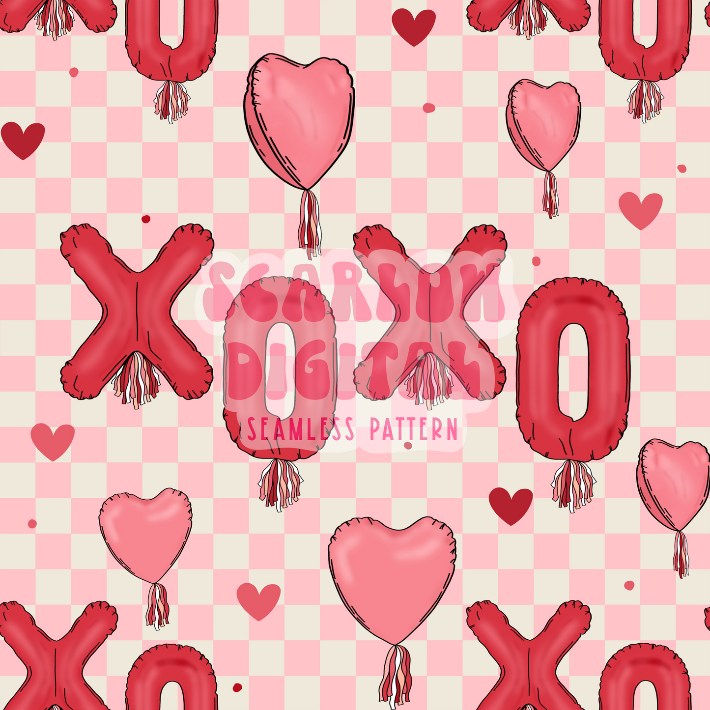 Xoxo Balloons Seamless Pattern-Valentine's Day Sublimation Digital Design Download-heart balloons seamless pattern, vday sublimation designs