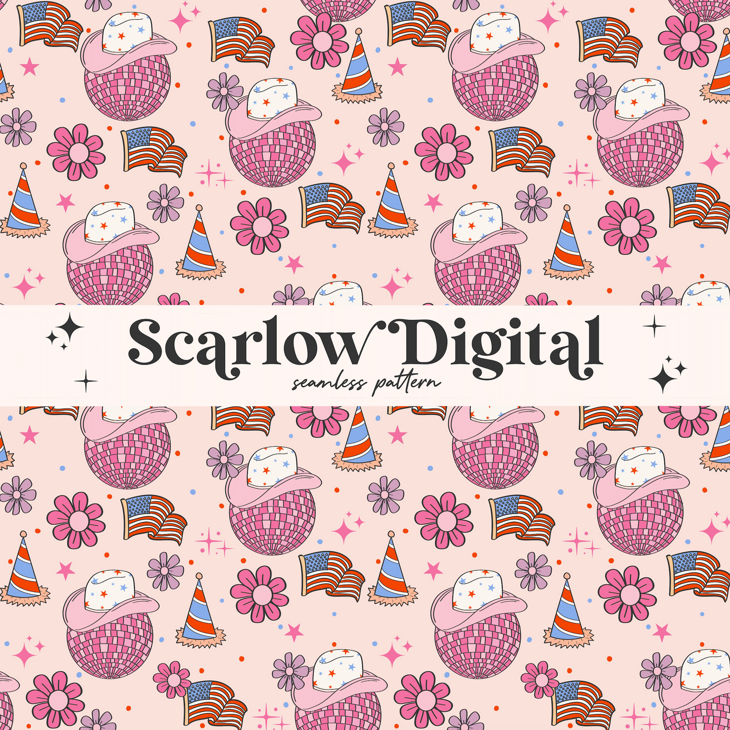 Fourth of July Seamless Pattern-Independence Day Sublimation Digital Design Download-disco ball seamless file, cowboy hat seamless pattern