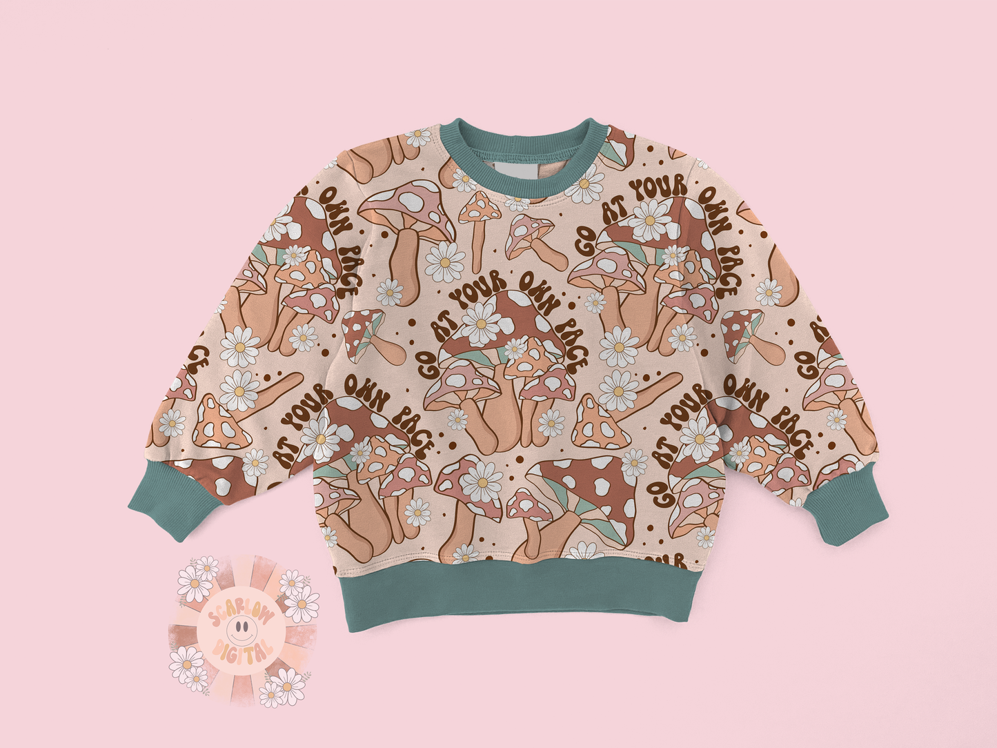 Go At Your Own Pace Seamless Pattern-Mushroom Sublimation Digital Design Download-summer seamless file, boho sublimation, retro seamless