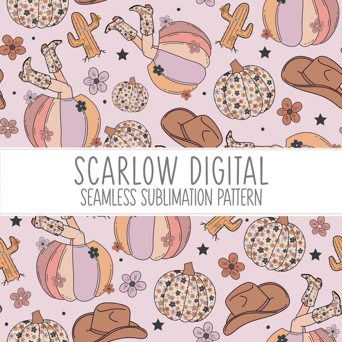 Western Pumpkin Seamless Pattern-Fall Sublimation Digital Design Download-cowboy fall seamless pattern, western girl sublimation designs