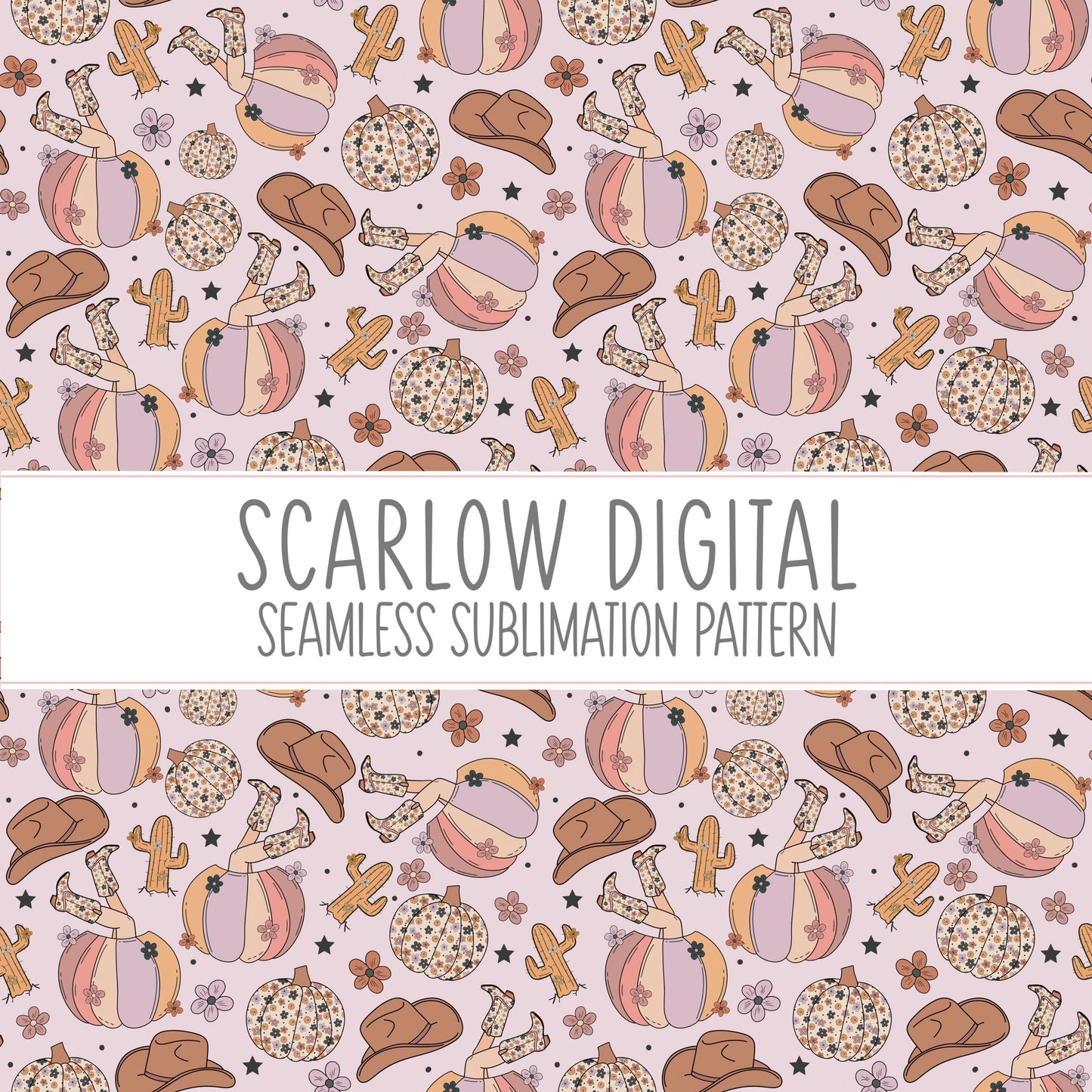 Western Pumpkin Seamless Pattern-Fall Sublimation Digital Design Download-cowboy fall seamless pattern, western girl sublimation designs