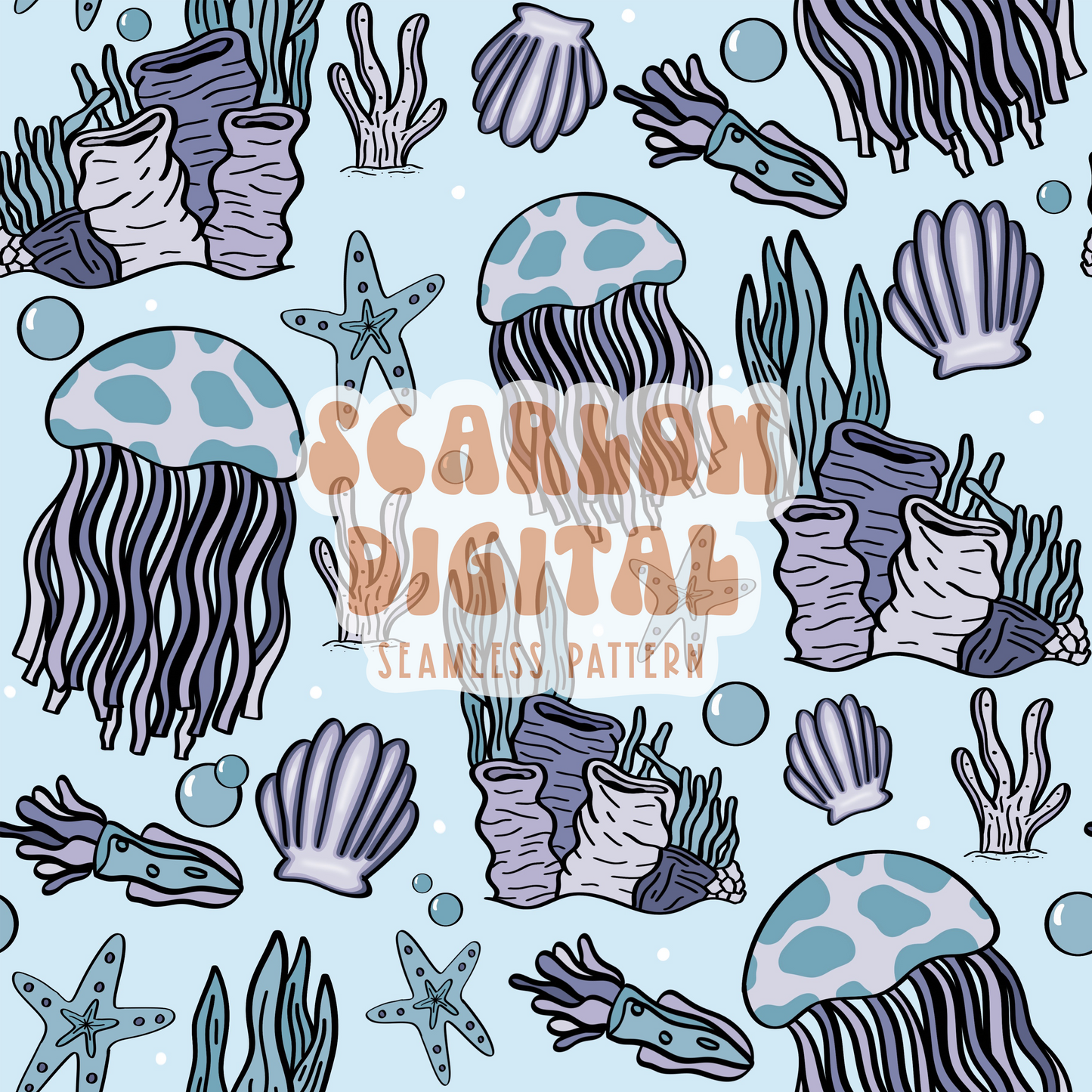 Underwater Seamless Pattern-Sea Life Sublimation Digital Design Download-jelly fish seamless file, sea shell seamless file, summer seamless