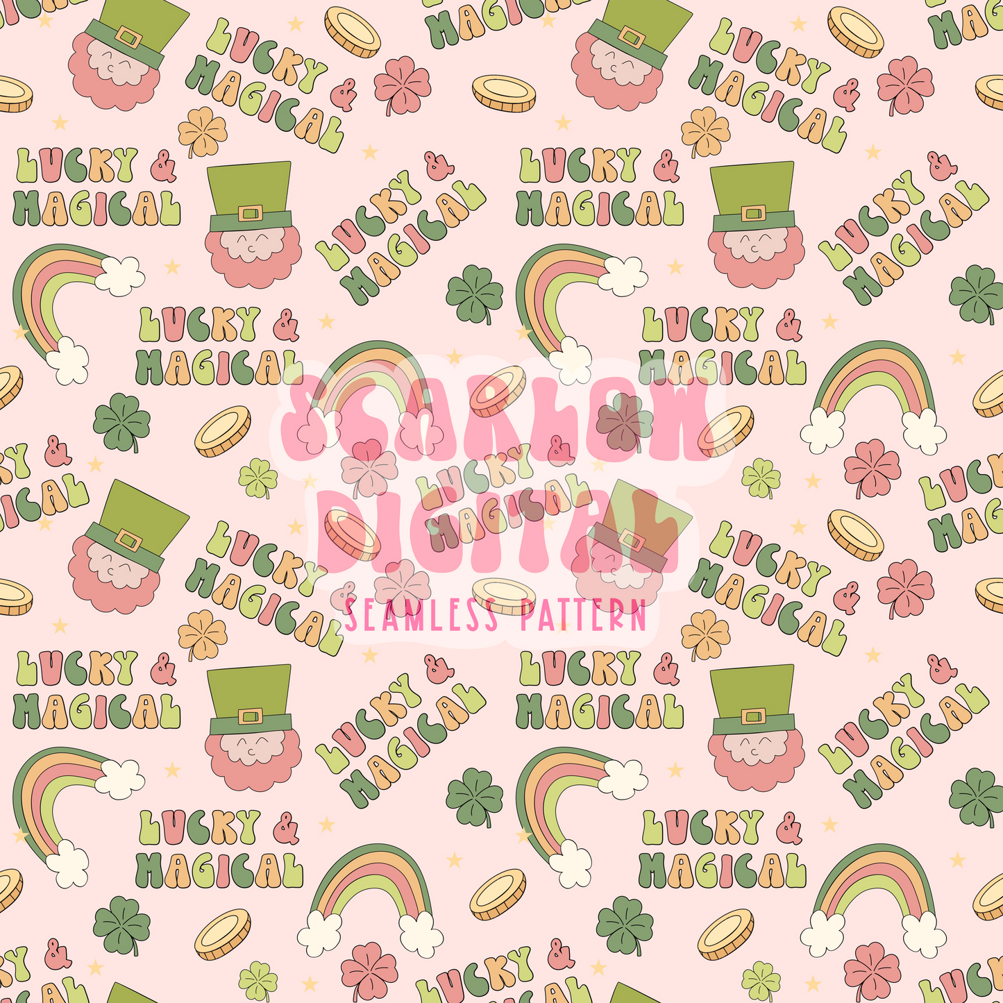 Lucky and Magical Seamless Pattern-Saint Patrick’s Day Sublimation Digital Design Download-leprechaun seamless file, rainbow seamless file
