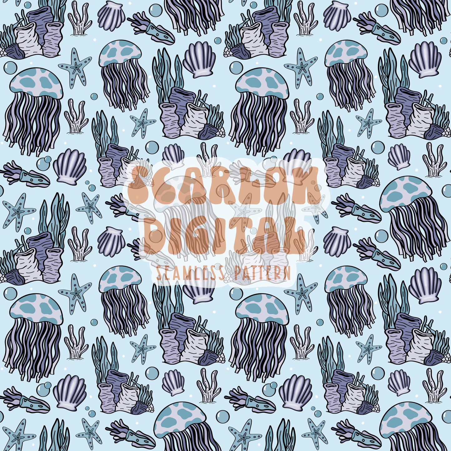 Underwater Seamless Pattern-Sea Life Sublimation Digital Design Download-jelly fish seamless file, sea shell seamless file, summer seamless