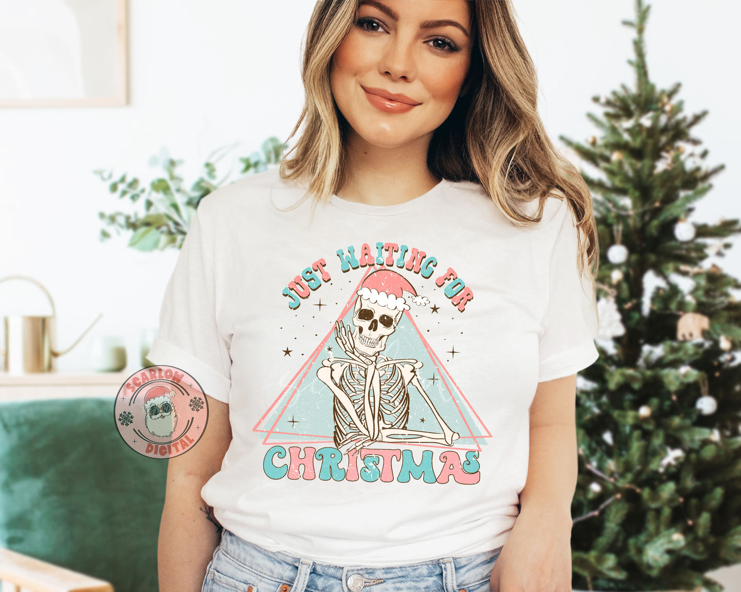 Just Waiting For Christmas-Skeleton Sublimation Digital Design Download-santa hat png, skull png, winter png, boho christmas png, retro png