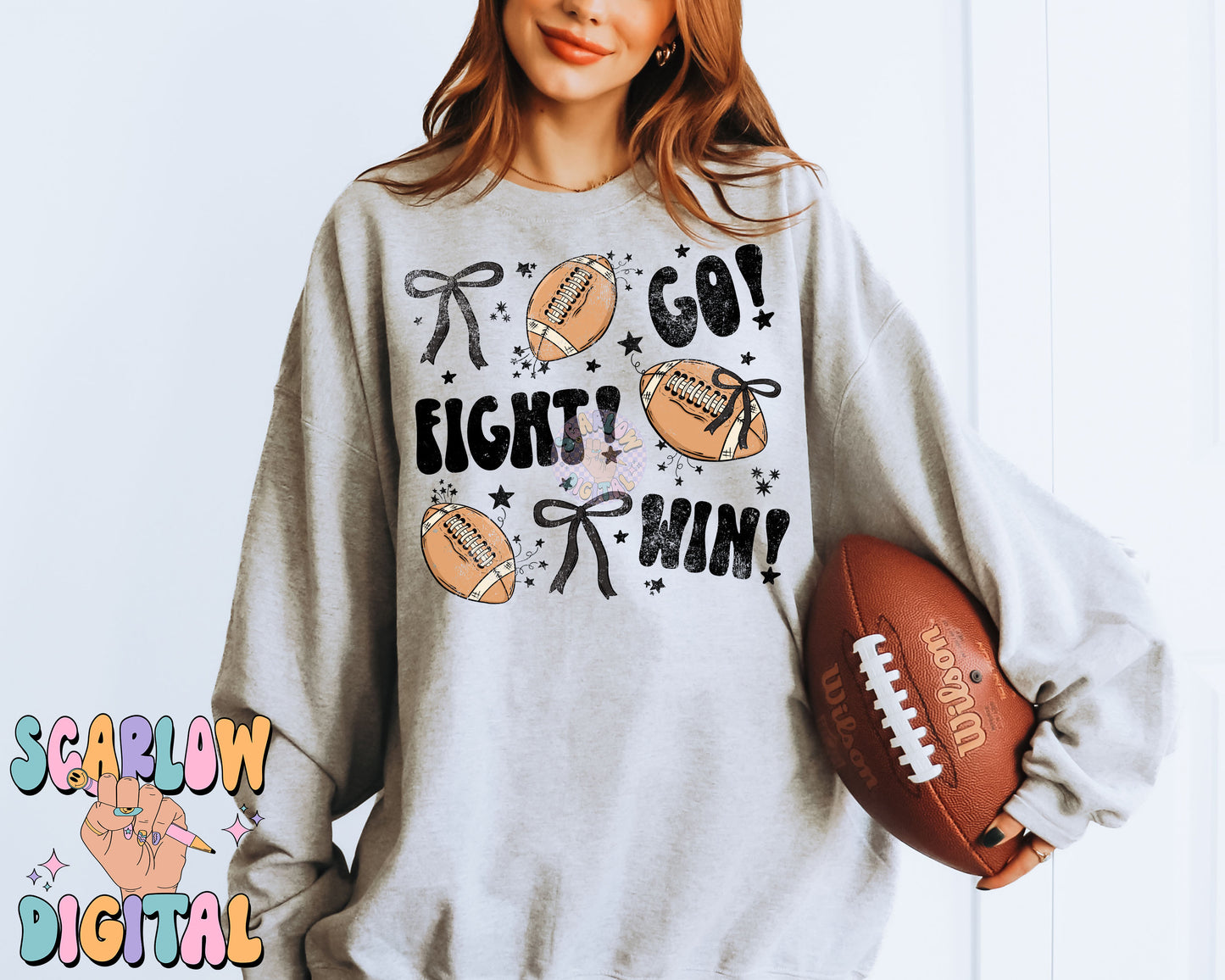 Go Fight Win PNG Digital Design Download, football png, bows png, coquette footballs png, sports png, girl football png, fall png designs