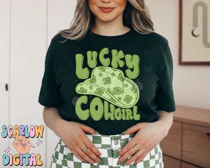 Lucky Cowgirl PNG-St Patrick's Day Sublimation Digital Design Download-shamrock png, western png, lucky girl png, irish png, cowgirl png