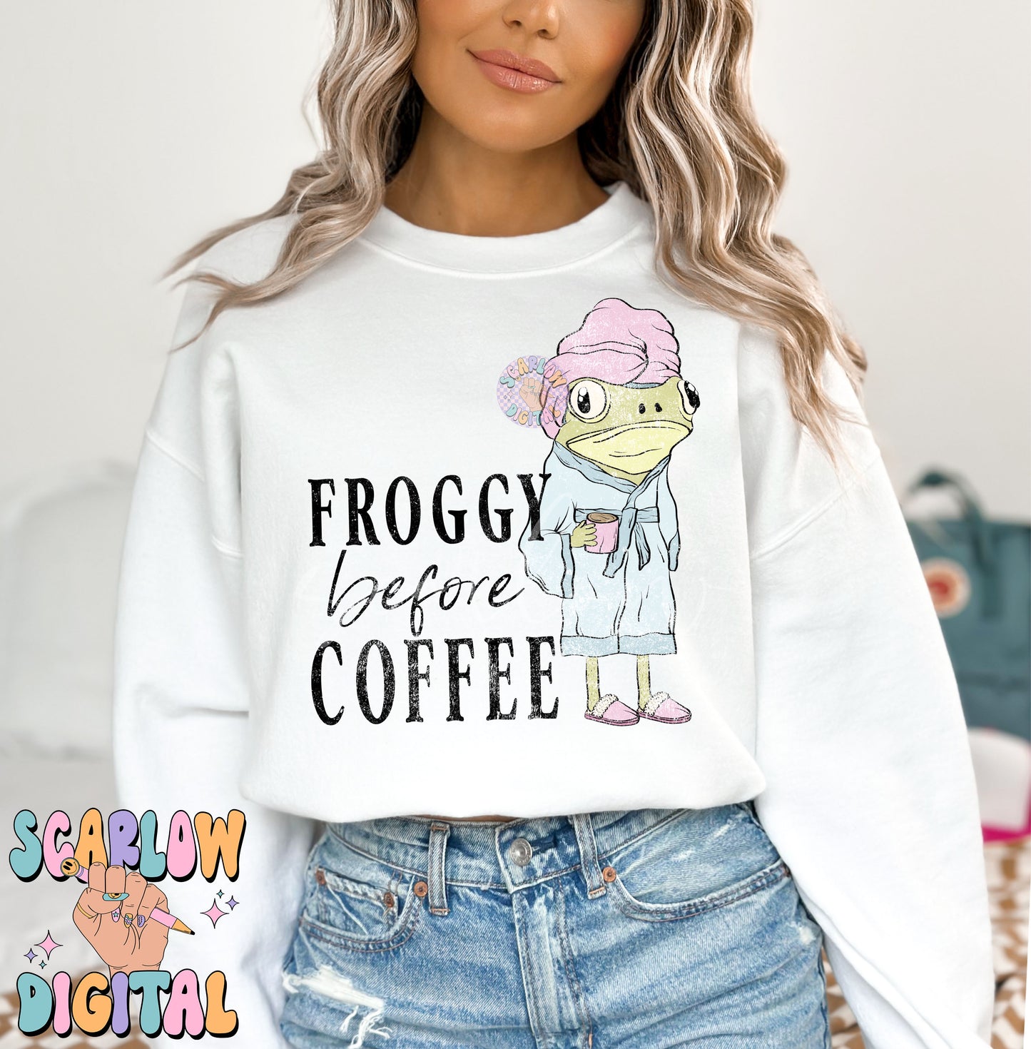 Froggy Before Coffee PNG-Funny Sublimation Digital Design Download-toad png, funny frog png, mama png, iced coffee png, tired mama png