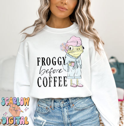 Froggy Before Coffee PNG-Funny Sublimation Digital Design Download-toad png, funny frog png, mama png, iced coffee png, tired mama png