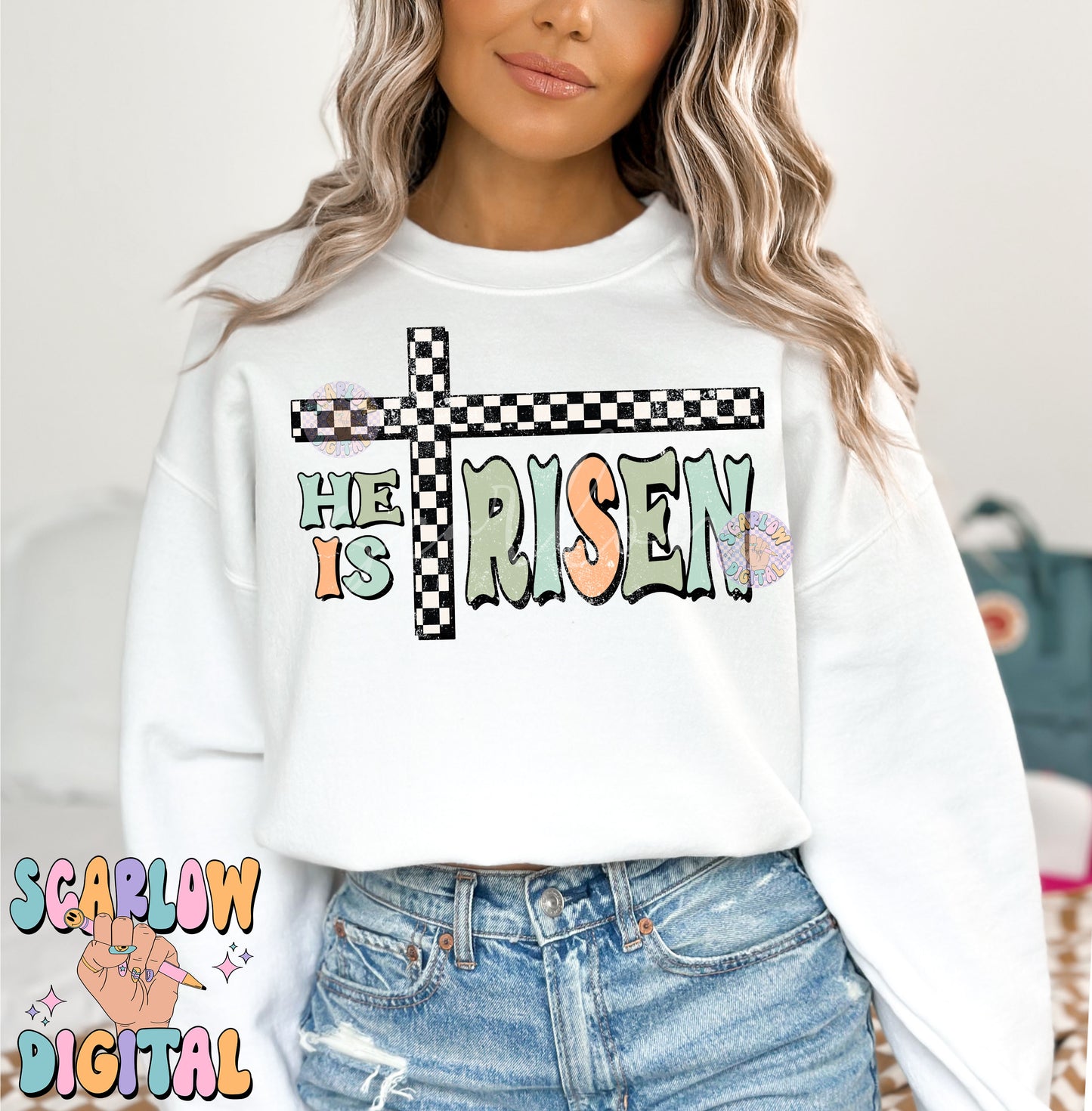 He is Risen PNG-Easter Sublimation Digital Design Download-retro easter png, boy designs, boy easter png, checkered easter png, boy png