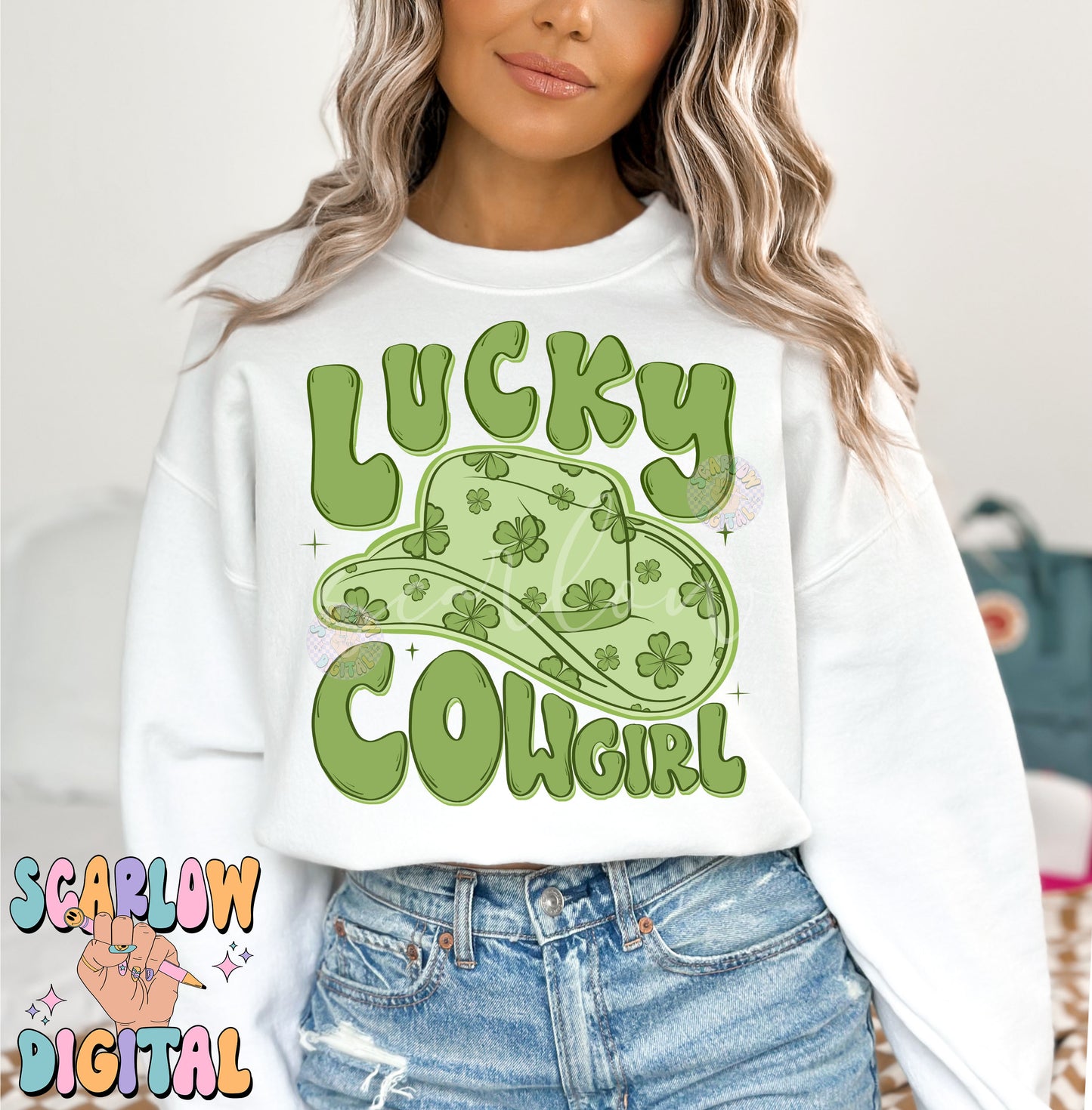 Lucky Cowgirl PNG-St Patrick's Day Sublimation Digital Design Download-shamrock png, western png, lucky girl png, irish png, cowgirl png