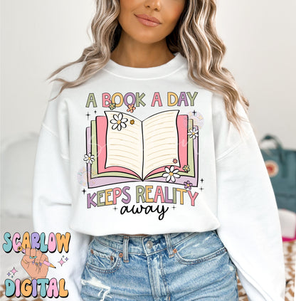 A Book a Day Keeps Reality Away PNG Sublimation Digital Design Download, smut png, reading png, books png, tbr png, funny book png designs