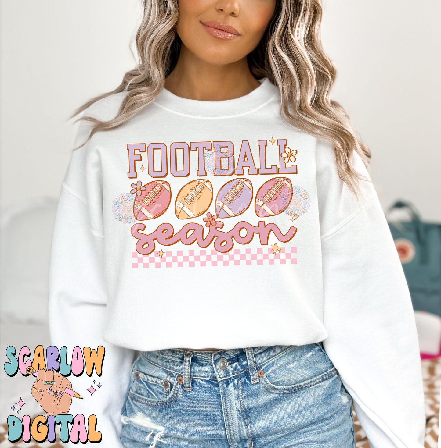 Football Season PNG Digital Design Download, boho football png, flower footballs png, girly football designs, football mama png, retro png