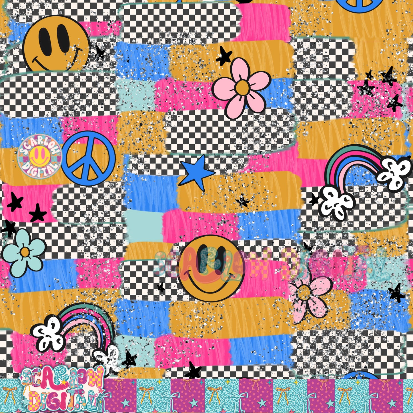 Retro Checkered Strokes Seamless Pattern Digital Design