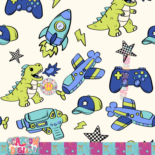 Boy Things Dinos and Rockets Seamless Pattern Digital Design