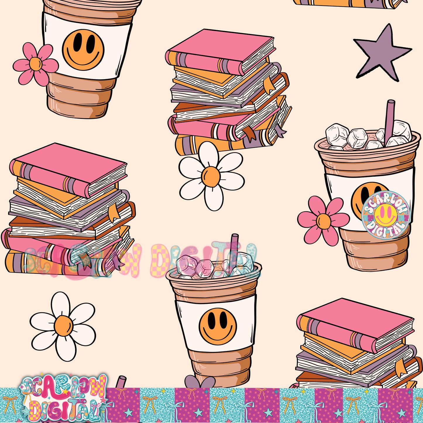 Books and Coffee Seamless Pattern Digital Design
