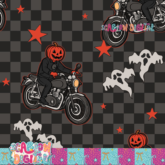Pumpkin Guy on Motorcycle Seamless Pattern Digital Design