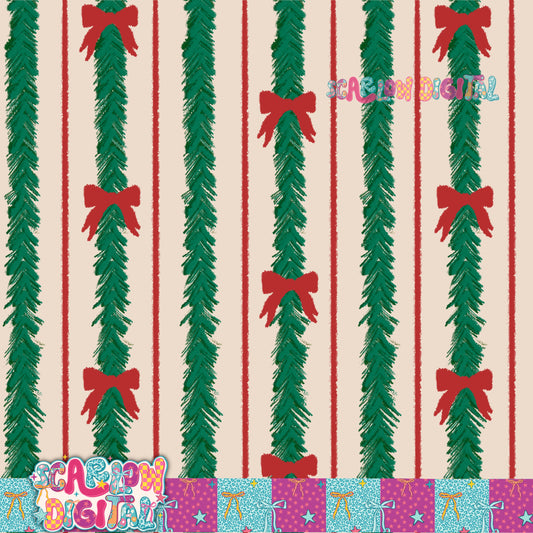 Tinsel Bows Christmas Seamless Pattern Digital Design