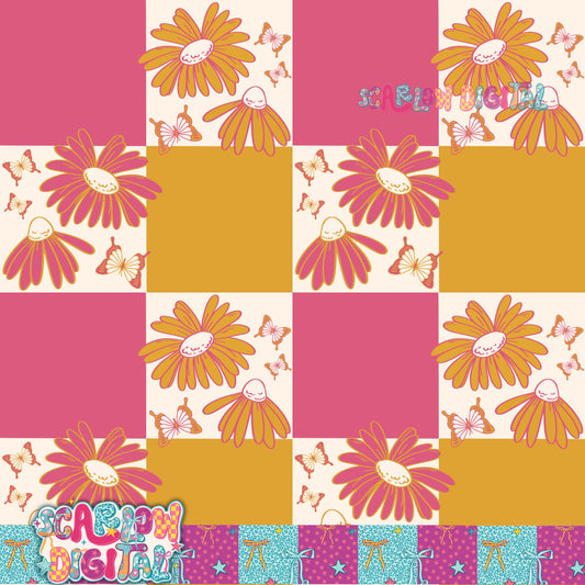 Floral Checkered Daisies Seamless Pattern Digital Design