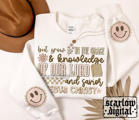 But Grow in the Grace and Knowledge of Our Lord and Savior Jesus Christ Front and Back PNG Digital Design