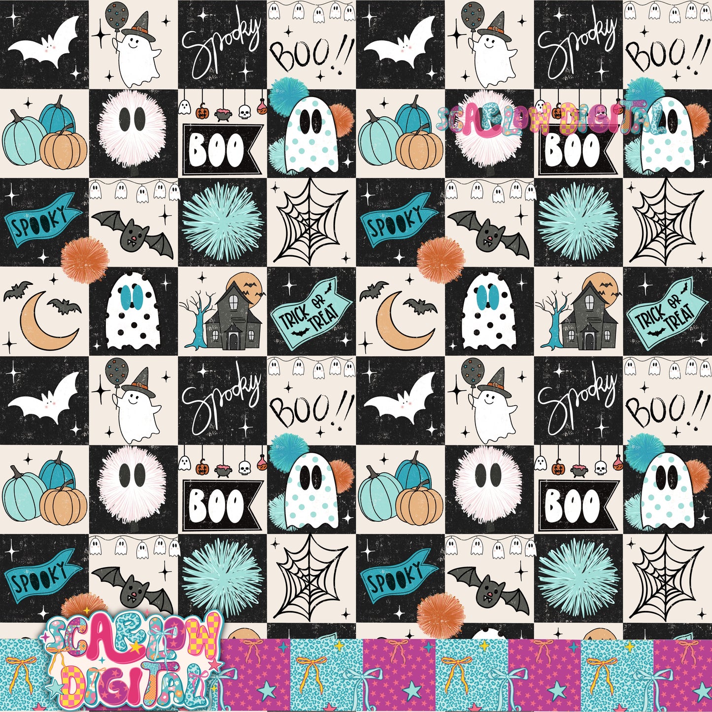 Spooky Checkers in Blue Seamless Pattern Digital Design