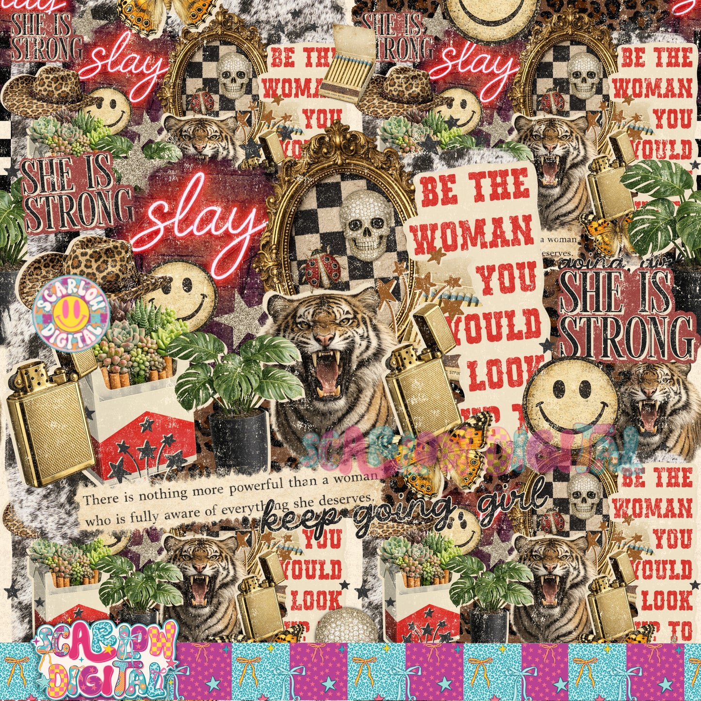 Strong Woman Collage Seamless Pattern Digital Design