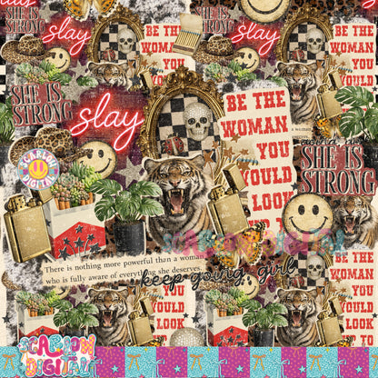 Strong Woman Collage Seamless Pattern Digital Design