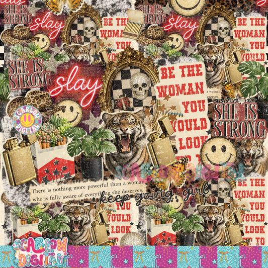 Strong Woman Collage Seamless Pattern Digital Design