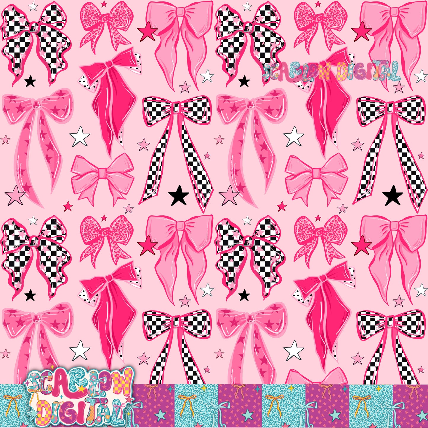 Pink and Checkered Bows Seamless Pattern Digital Design
