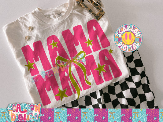 Neon Mama With Bow and Stars Pink and Lime PNG Digital Design